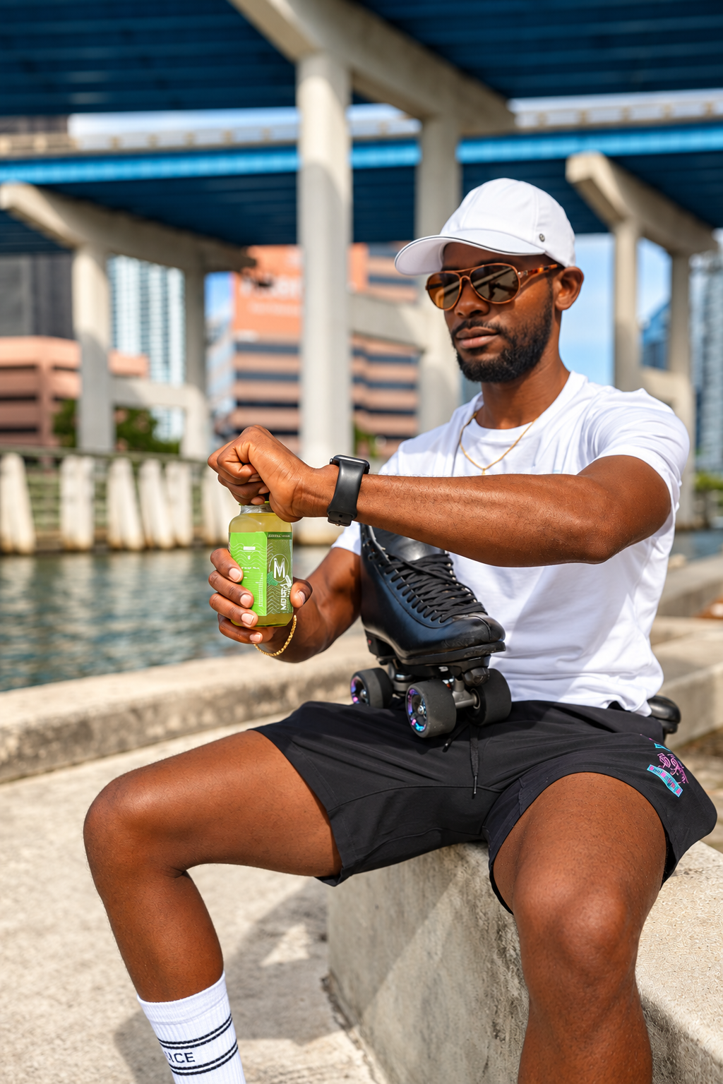 LeRhon enjoying Moringa Man tea by the water